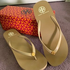 Tory Burch Khaki Wedge Thin Flip Flop